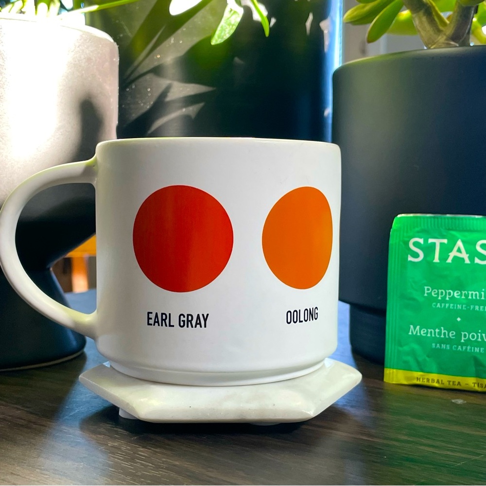 Large White Mug with Colorful Circles Associated with Different Types of Tea